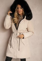 Beżowo-Czarna Kurtka Dwustronna w Stylu Parki ze Ściągaczem Odpinanym Kołnierzem i Kapturem Lioera. Brązowe kurtki Renee, l, bez wzorów, eleganckie. W wyprzedaży za 125.99 zł.