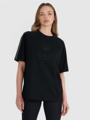 4F T-shirt oversize z nadrukiem damski - czarny XS. Czarne t-shirty 4f, xl, bez wzorów, z bawełny, klasyczne, bez kołnierzyka, bez ramiączek. Za 69.99 zł.