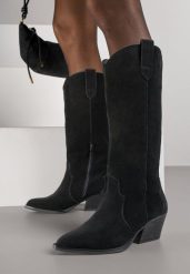 Czarne Kozaki Typu Kowbojki na Stożku z Naturalnego Zamszu Adeora. Czarne kozaki Renee, bez wzorów, z jeansu, eleganckie, bez obcasa, na obcasie, bez zapięcia. Za 229.99 zł.