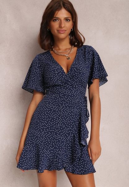 Granatowa Sukienka Dyasigga. Niebieskie sukienki Renee, s, bez wzorów, bez kołnierzyka, bez ramiączek, mini, kopertowe. Za 44.99 zł.