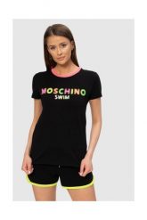 MOSCHINO Czarny t-shirt z neonowym logo. Czarne t-shirty MOSCHINO, s, bez wzorów, prążkowane, bez kołnierzyka, bez ramiączek. W wyprzedaży za 299.99 zł.