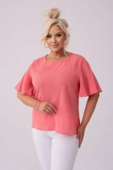 Koralowa bawełniana bluzka Lidia z krótkim rękawem PLUS SIZE XXL LATO. Pomarańczowe bluzki Moda Size Plus Iwanek, l, bez wzorów, z bawełny, eleganckie, bez kołnierzyka, plus size, bez ramiączek. Za 199.90 zł.