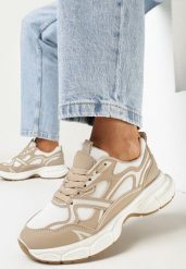 Ciemnobeżowe Sznurowane Sneakersy z Siateczkowymi Wstawkami Hanrietta. Brązowe buty sportowe lifestyle Born2be, bez wzorów, z jeansu, sportowe, bez zapięcia. W wyprzedaży za 110.49 zł.