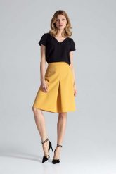 Musztardowa Midi Spódnica w Kształcie Litery A z Kontrafałdą. Brązowe spódnice Figl, m, bez wzorów, z materiału, midi, trapezowe. Za 199.00 zł.