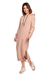 Sportowa Midi Sukienka z Kapturem - Mocca. Białe sukienki MOE, l, bez wzorów, z bawełny, sportowe, bez kołnierzyka, bez ramiączek, midi, sportowe. Za 314.90 zł.