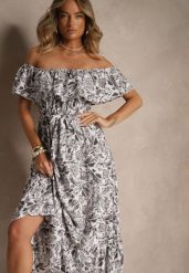 Ciemnoszara Kwiatowa Sukienka Typu Hiszpanka z Bawełną Tiarice. Szare sukienki Renee, na co dzień, l, bez wzorów, z bawełny, eleganckie, bez kołnierzyka, bez ramiączek, maxi, proste. W wyprzedaży za 63.99 zł.