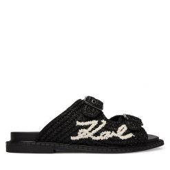 Klapki KARL LAGERFELD. Czarne klapki KARL LAGERFELD, bez wzorów, bez obcasa, bez zapięcia. Za 737.99 zł.