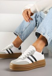 Biało-Czarne Sneakersy w Stylu Tenisówki z Paskami Hirnelia. Białe trampki Renee, bez wzorów, z jeansu, klasyczne, bez zapięcia. W wyprzedaży za 75.99 zł.
