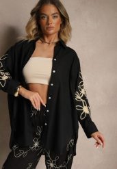 Czarna Koszula z Bawełny o Kroju Oversize z Kwiatowymi Aplikacjami Fadelya. Czarne koszule Renee, s, z aplikacjami, z bawełny, eleganckie, bez kołnierzyka, bez ramiączek. W wyprzedaży za 75.99 zł.
