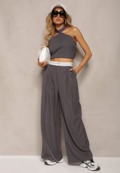 Szare Spodnie z Wiskozy Palazzo High Waist Zapinane na Suwak Nellieva. Szare jeansy Renee, bez wzorów, z jeansu, z podwyższonym stanem. W wyprzedaży za 127.99 zł.
