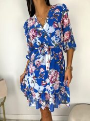 Niebieska Sukienka w Kwiaty 7766-112-B. Niebieskie sukienki ModnaKiecka.pl, na co dzień, l, bez wzorów, z elastanu, bez kołnierzyka, bez ramiączek, kopertowe. Za 69.99 zł.