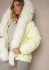 Jasnożółta Kurtka Pikowana z Kapturem i Odpinanymi Futerkowymi Wstawkami Izafera. Żółte kurtki Renee, l, bez wzorów, z jeansu, biznesowe, z kapturem. Za 339.99 zł.