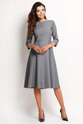Szara Elegancka Rozkloszowana Sukienka Midi z Rękawem 3/4. Szare sukienki Awama, l, bez wzorów, z elastanu, eleganckie, bez kołnierzyka, bez ramiączek, midi, rozkloszowane. Za 197.90 zł.