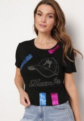 Czarny Bawełniany T-shirt z Krótkim Rękawem Ozdobiony Nadrukiem z Cyrkoniami Abilena. Czarne t-shirty Born2be, l, bez wzorów, z bawełny, bez kołnierzyka, bez ramiączek. Za 49.99 zł.