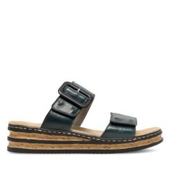 Klapki Rieker. Niebieskie klapki Rieker, bez wzorów, bez obcasa, bez zapięcia. Za 299.99 zł.