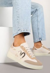 Ciemnobeżowe Sneakersy Klasyczne Tenisówki z Abstrakcyjną Aplikacją Ailinne. Brązowe trampki Renee, z aplikacjami, z jeansu, eleganckie, bez zapięcia. W wyprzedaży za 67.99 zł.