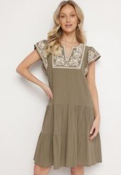 Zielona Sukienka z Haftami w Stylu Boho z Bawełny Evitel. Zielone sukienki Born2be, l, z aplikacjami, z bawełny, boho, bez kołnierzyka, bez ramiączek, midi. Za 139.99 zł.