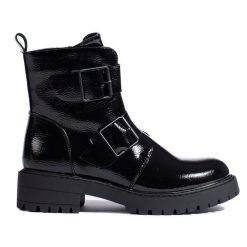 Czarne workery damskie ze sprzączkami. Czarne botki bez wzorów, bez obcasa, bez zapięcia. Za 245.97 zł.