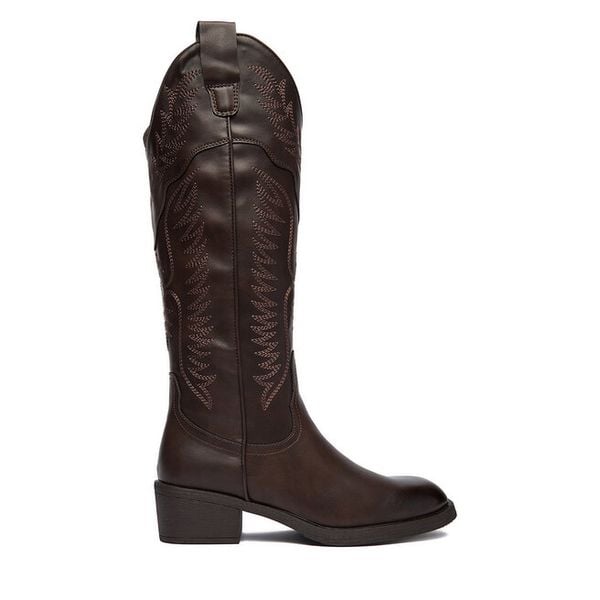 Kowbojki JENNY. Brązowe kozaki Jenny, bez wzorów, bez obcasa, na słupku, bez zapięcia. Za 249.99 zł.