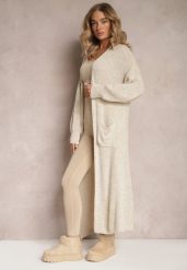 Beżowy Długi Kardigan Oversize Angellona. Brązowe swetry Renee, bez wzorów, bez ramiączek. W wyprzedaży za 79.99 zł.