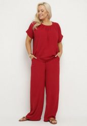 Bordowy Komplet z Bawełną Bluzka z Marszczeniem i Szerokie Spodnie Jenindriela. Czerwone bluzki Born2be, xl, bez wzorów, z bawełny, eleganckie, bez kołnierzyka, bez ramiączek. Za 119.99 zł.