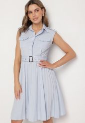 Niebieska Wiskozowa Sukienka Rozkloszowana z Koszulową Górą i Plisami z Paskiem Eviravie. Niebieskie sukienki Born2be, l, bez wzorów, z wiskozy, eleganckie, bez kołnierzyka, bez ramiączek, midi, koszulowe. Za 229.99 zł.