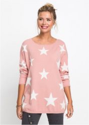 Sweter dzianinowy z nadrukiem w gwiazdy. Czerwone swetry bonprix, bez wzorów, z dzianiny, eleganckie, bez ramiączek. Za 94.99 zł.