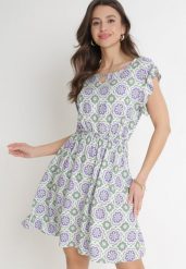 Zielono-Fioletowa Bawełniana Sukienka Mini z Gumką w Talii Caara. Zielone sukienki Born2be, l, bez wzorów, z bawełny, bez kołnierzyka, bez ramiączek, mini. Za 79.99 zł.