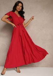 Bordowa Koktajlowa Maxi Sukienka Ozdobiona Plisami z Trójkątnym Dekoltem i Wiązaniem w Talii Phoelia. Czerwone sukienki Renee, na imprezę, m, bez wzorów, eleganckie, bez kołnierzyka, bez ramiączek, maxi. W wyprzedaży za 63.99 zł.