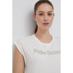 Pepe Jeans t-shirt bawełniany kolor beżowy. Brązowe t-shirty Pepe Jeans, bez wzorów, z bawełny, bez kołnierzyka, bez ramiączek. Za 159.99 zł.