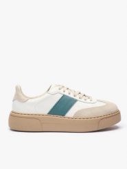 Sneakersy z zielonym akcentem. Brązowe buty sportowe lifestyle Ryłko, bez wzorów, ze skóry, eleganckie, z okrągłym noskiem, bez zapięcia. Za 429.99 zł.