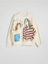 Bawełniana bluza z aplikacjami - złamana biel. Bluzy Reserved, l, z aplikacjami, z bawełny, bez ramiączek, bez kaptura. W wyprzedaży za 69.99 zł.