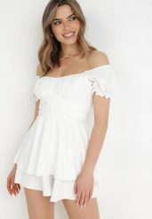 Biały Kombinezon Rhodosyne. Białe sukienki Born2be, na imprezę, m, bez wzorów, eleganckie, bez kołnierzyka, bez ramiączek, mini. W wyprzedaży za 101.99 zł.