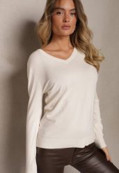 Jasnobeżowy Casualowy Sweter z Wiskozą Bawełną i Trójkątnym Dekoltem Miaressa. Brązowe swetry Renee, l, bez wzorów, z bawełny, casualowe, plus size, bez ramiączek. W wyprzedaży za 47.99 zł.
