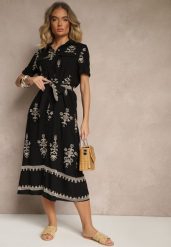 Czarna Koszulowa Sukienka z Wiskozy Ozdobiona Paskiem i Haftem Divirea. Czarne sukienki Renee, na co dzień, m, z aplikacjami, z materiału, eleganckie, bez kołnierzyka, bez ramiączek, midi, koszulowe. W wyprzedaży za 119.99 zł.