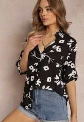 Czarna Koszula Typu Kimono z Bawełny i Wiskozy w Kwiatowy Wzór Carlania. Czarne koszule Renee, m, bez wzorów, z bawełny, bez kołnierzyka, bez ramiączek. W wyprzedaży za 43.99 zł.