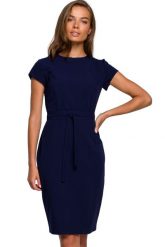 Elegancka sukienka ołówkowa z modelującymi przeszyciami granatowa. Sukienki Sukienki.shop, do pracy, m, bez wzorów, biznesowe, bez kołnierzyka, bez ramiączek, ołówkowe. Za 259.00 zł.