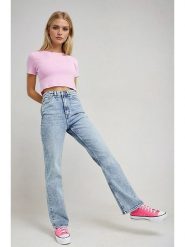 Monki Dżinsy - Regular fit - w kolorze błękitnym rozmiar: W27. Niebieskie jeansy Monki, z aplikacjami, ze skóry, klasyczne, z podwyższonym stanem. Za 60.99 zł.