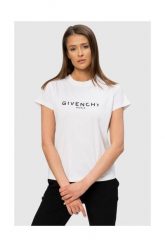 GIVENCHY Biały t-shirt damski z czarnym logo vintage. Białe t-shirty Givenchy, s, bez wzorów, z bawełny, vintage, bez kołnierzyka, bez ramiączek. W wyprzedaży za 899.99 zł.