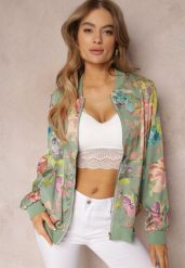 Zielona Kurtka Bomberka w Kwiaty ze Ściągaczami Lirissa. Zielone kurtki Renee, s, bez wzorów, eleganckie, bez kaptura. W wyprzedaży za 89.99 zł.