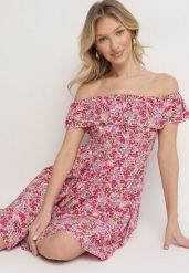 Różowa Sukienka z Bawełny Typu Hiszpanka z Falbankami w Kwiaty Aenne. Czerwone sukienki Born2be, na imprezę, m, bez wzorów, z bawełny, eleganckie, bez kołnierzyka, bez ramiączek, mini. W wyprzedaży za 33.99 zł.