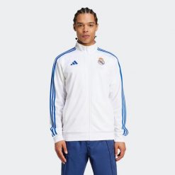 Kurtka piłkarska ADIDAS Real Madryt. Niebieskie kurtki adidas, m, bez wzorów, z dzianiny, sportowe, bez kaptura. Za 249.99 zł.