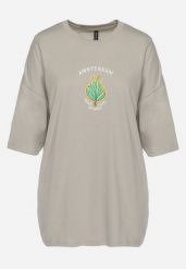 Szary T-shirt Oversize z Krótkim Rękawem i Nadrukiem Darlakia. Szare t-shirty Born2be, l, bez wzorów, bez kołnierzyka, bez ramiączek. Za 79.99 zł.