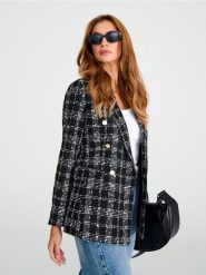 Marynarka tweedowa - czarny. Czarne kurtki Sinsay, l, bez wzorów, eleganckie, bez ramiączek. Za 79.99 zł.