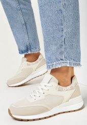 Beżowe Buty Sportowe na Płaskiej Podeszwie z Brokatową Wstawką Revuno. Brązowe buty sportowe lifestyle Born2be, na jesień, bez wzorów, z materiału, bez zapięcia. W wyprzedaży za 103.99 zł.