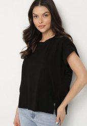 Czarny T-shirt z Bawełny Ozdobiony Rozcięciami przy Rękawach Katirna. Czarne t-shirty Born2be, bez wzorów, z bawełny, klasyczne, bez kołnierzyka, bez ramiączek. Za 89.99 zł.