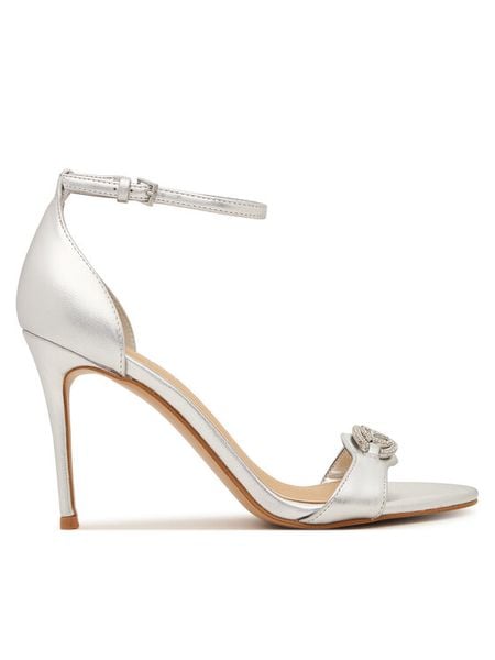Guess Sandały FLJKBB LEL03 Srebrny. Szare sandały Guess, z aplikacjami, ze skóry, bez obcasa, na szpilce, bez zapięcia. Za 418.99 zł.