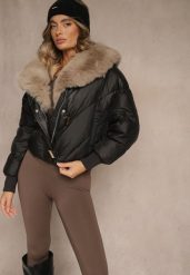 Czarna Pudełkowa Kurtka z Pikowanymi Przeszyciami i Kapturem z Futrem Ruvitta. Czarne kurtki Renee, na zimę, l, bez wzorów, z dzianiny, eleganckie. Za 279.99 zł.
