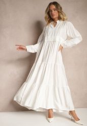 Biała Rozkloszowana Sukienka z Wiskozy w Stylu Boho z Koronką i Gumką Gonalien. Białe sukienki Renee, na co dzień, l, bez wzorów, z koronki, boho, bez kołnierzyka, bez ramiączek, maxi, rozkloszowane. W wyprzedaży za 111.99 zł.