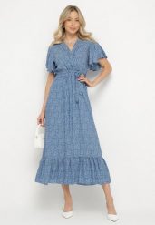 Niebieska Bawełniana Kopertowa Sukienka Ozdobiona Paskiem Gulinea. Niebieskie sukienki Born2be, na co dzień, l, z aplikacjami, z bawełny, eleganckie, bez kołnierzyka, bez ramiączek, midi, kopertowe. W wyprzedaży za 55.99 zł.